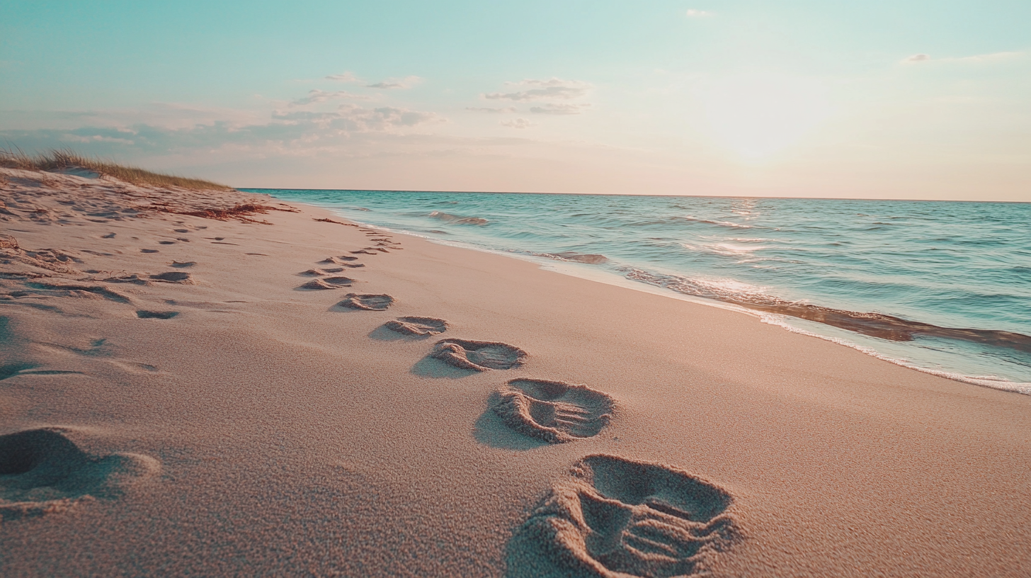 Footprints on beach leading to SMART goal horizon.