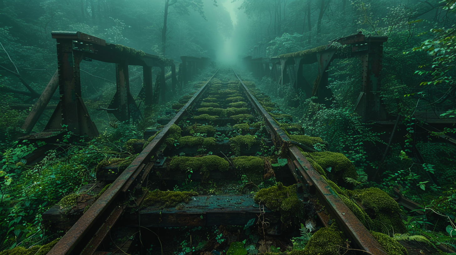 Forest, railway tracks, rusted metal, broken train cars.