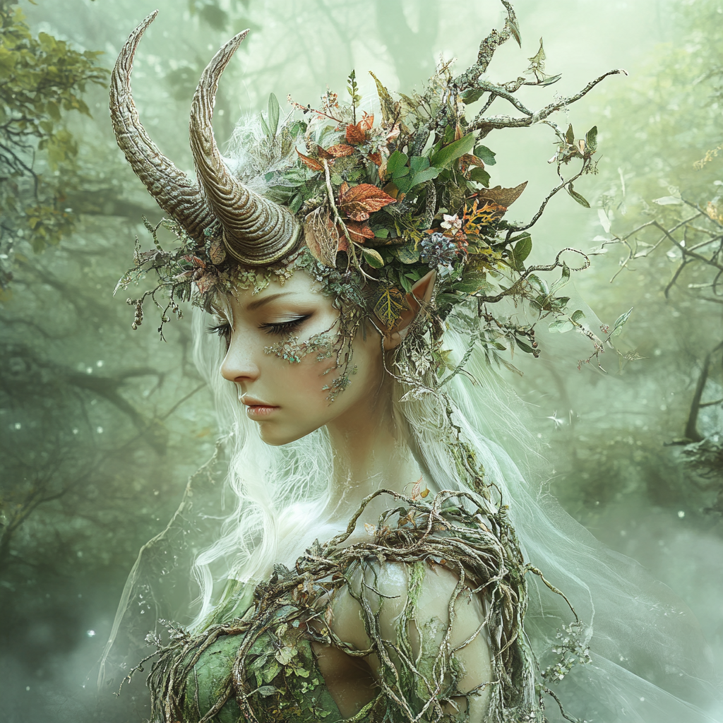 Forest Diva with Horns, Tiara, Veil, Dress, Mystical Environment