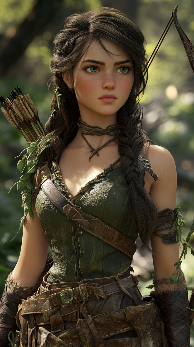 Forest Ranger with long dark hair, green eyes, bow.