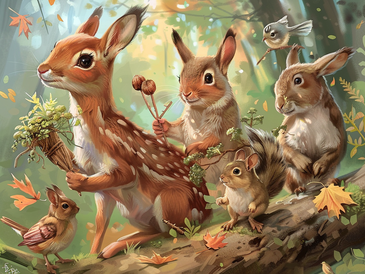 Forest animals helping bunny with tools, cheerful and friendly.