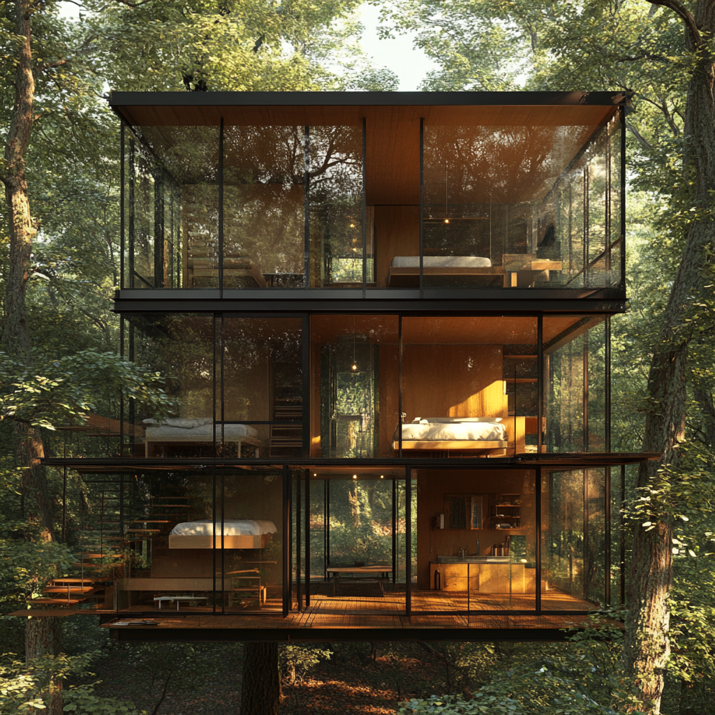 Forest cabin design with two stories, bunk bedrooms, atrium.