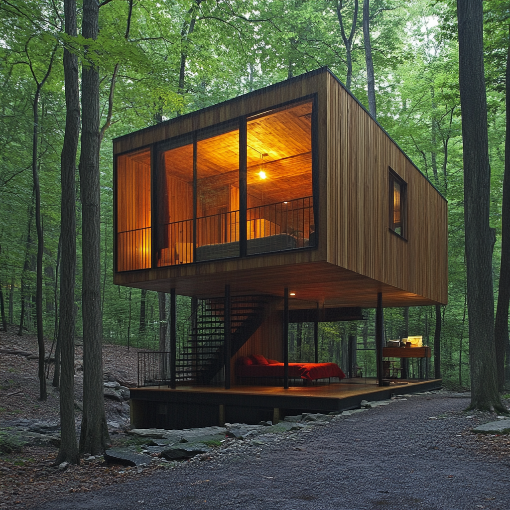 Forest cabin with bunk beds, raining view, split level