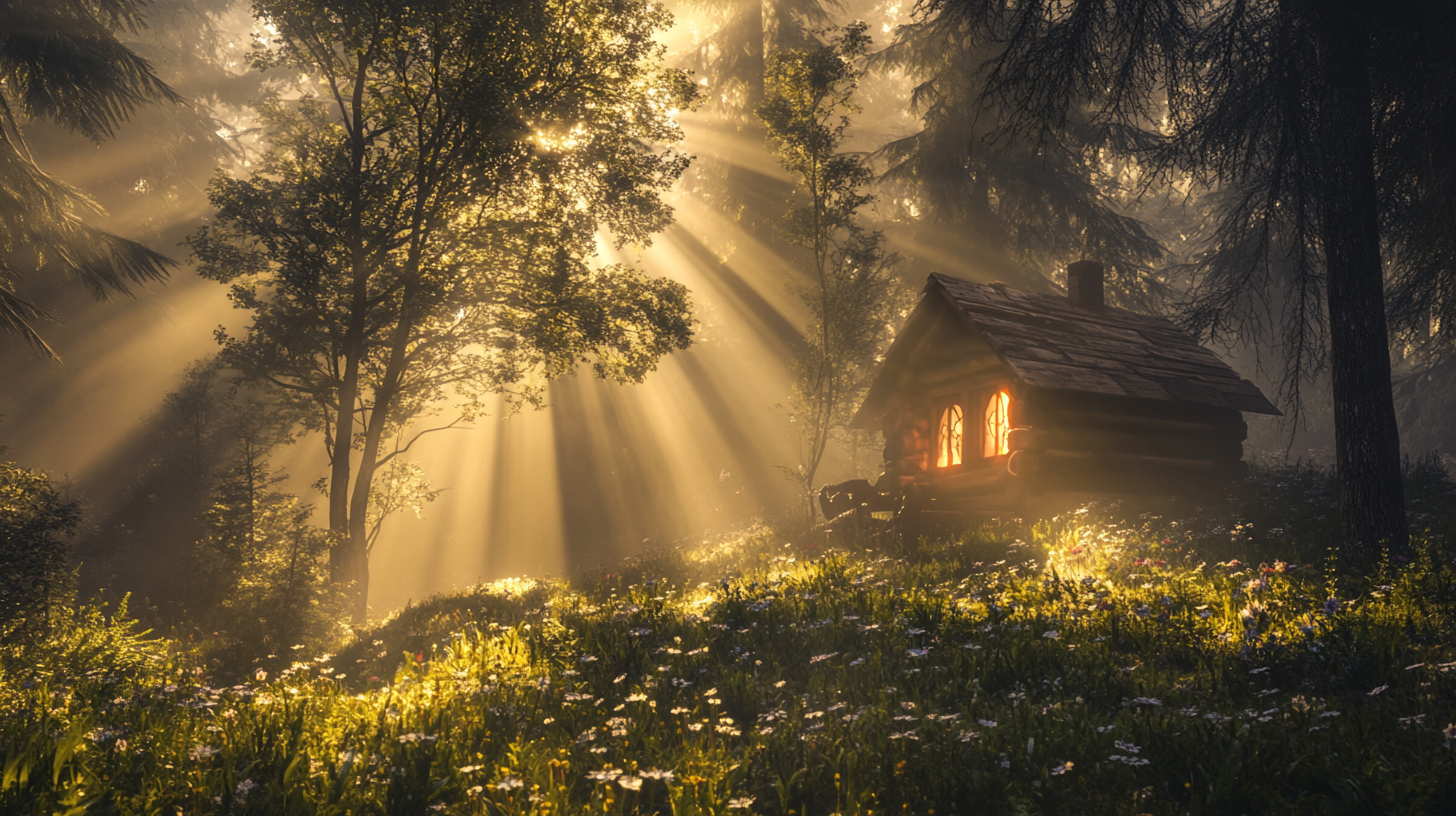 Forest clearing sunrise, light through trees, cabin glow, wildflowers.