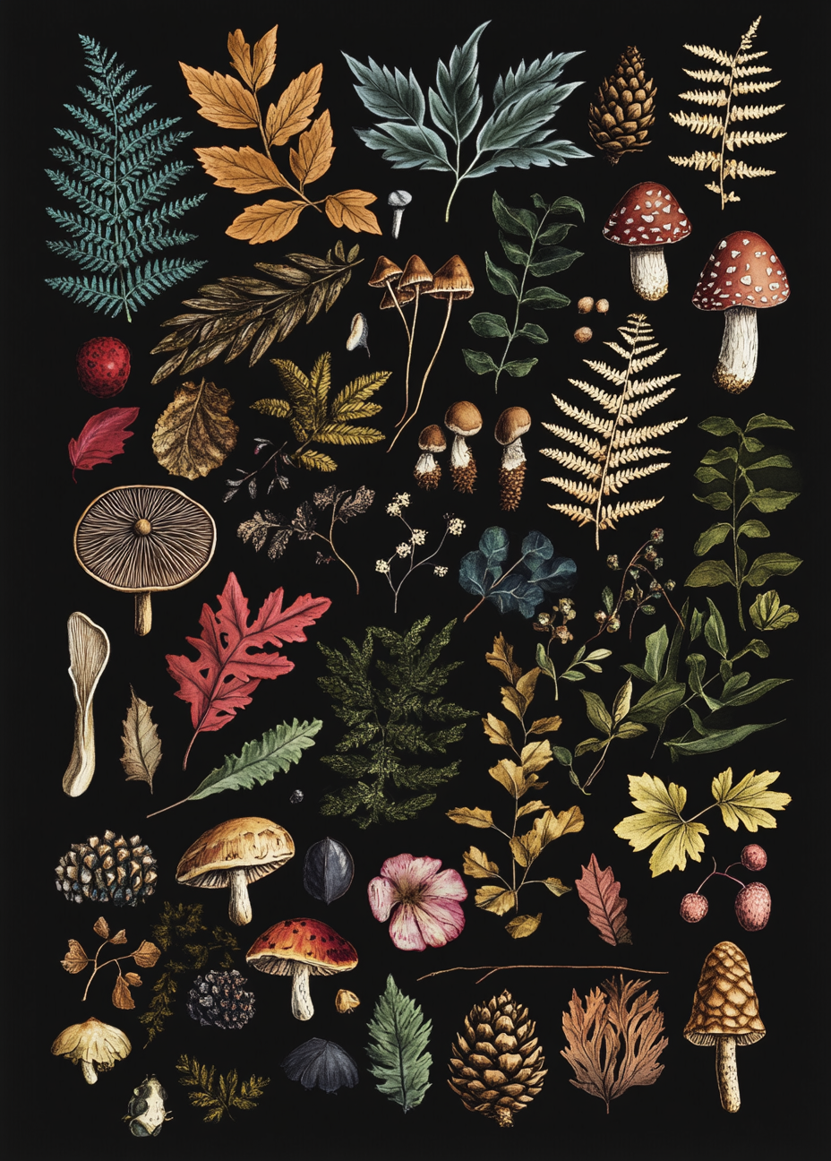 Forest plants and mushrooms arranged beautifully on black.