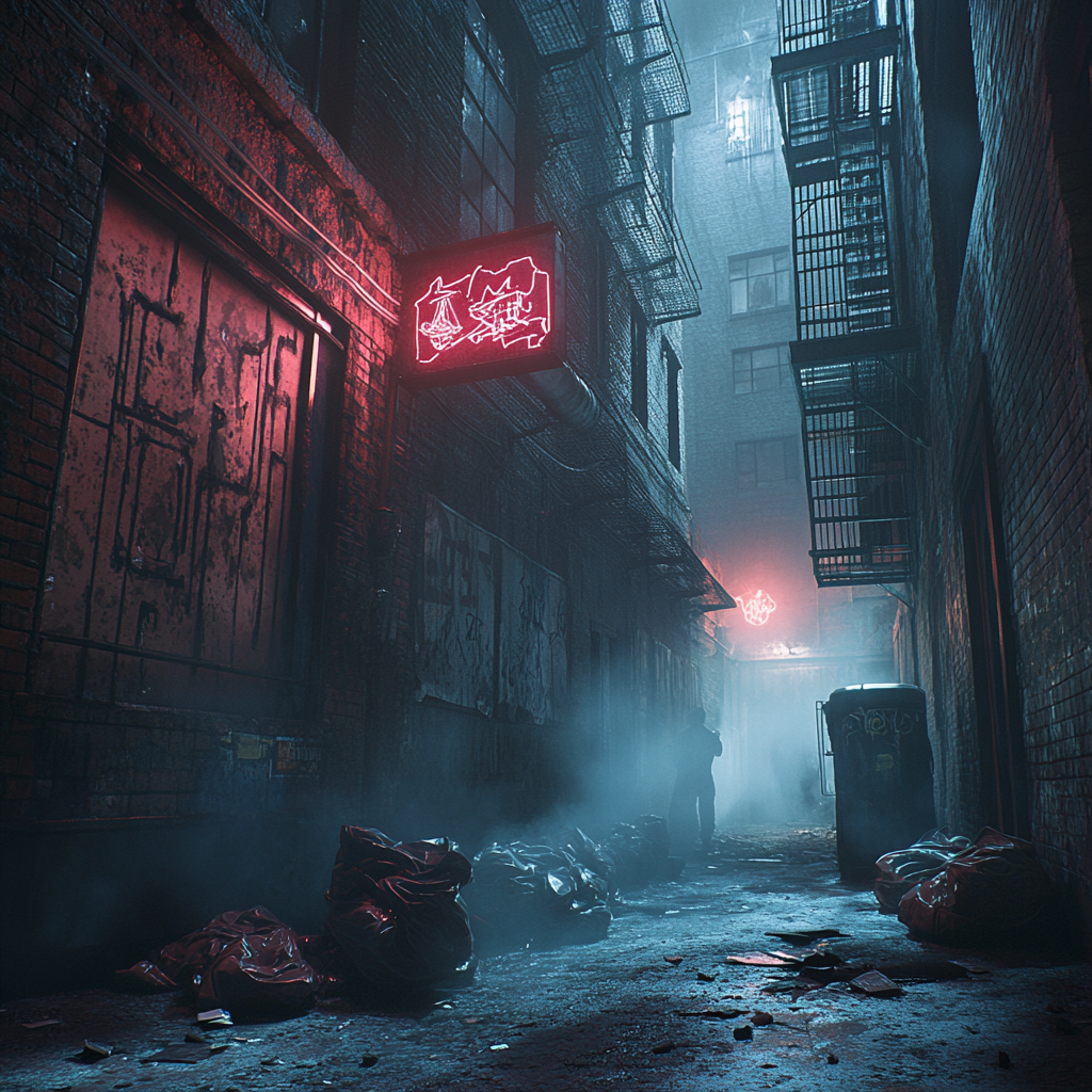 Forgotten alleyway with occult markings, ominous glow, and figure watching.