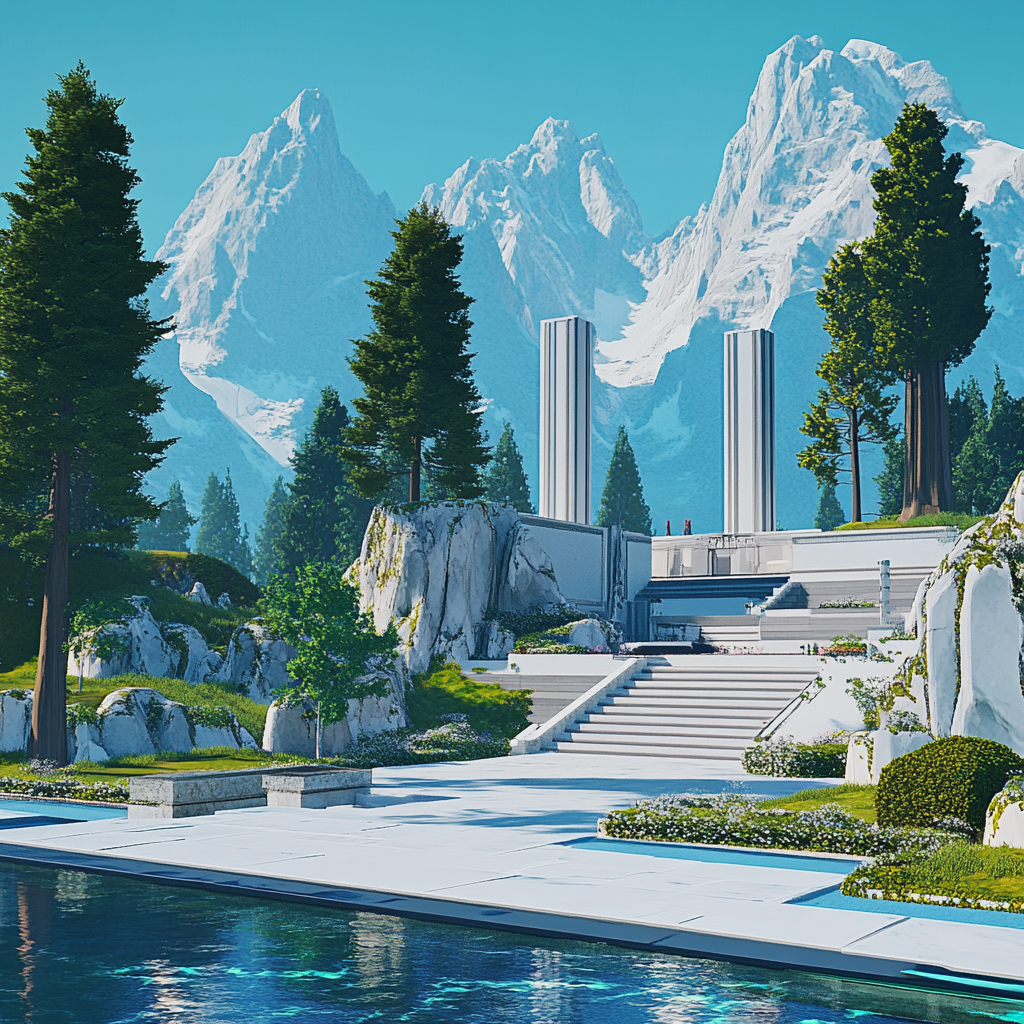 Fortnite-inspired Roman concert festival with modern materials and landscaping.