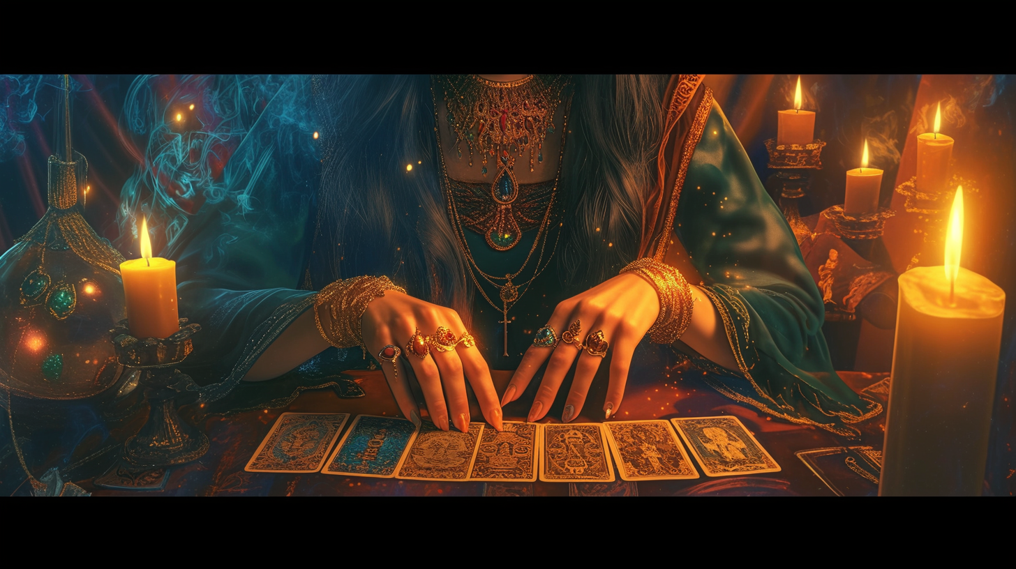 Fortune teller's hands reading tarot cards with mystical symbols