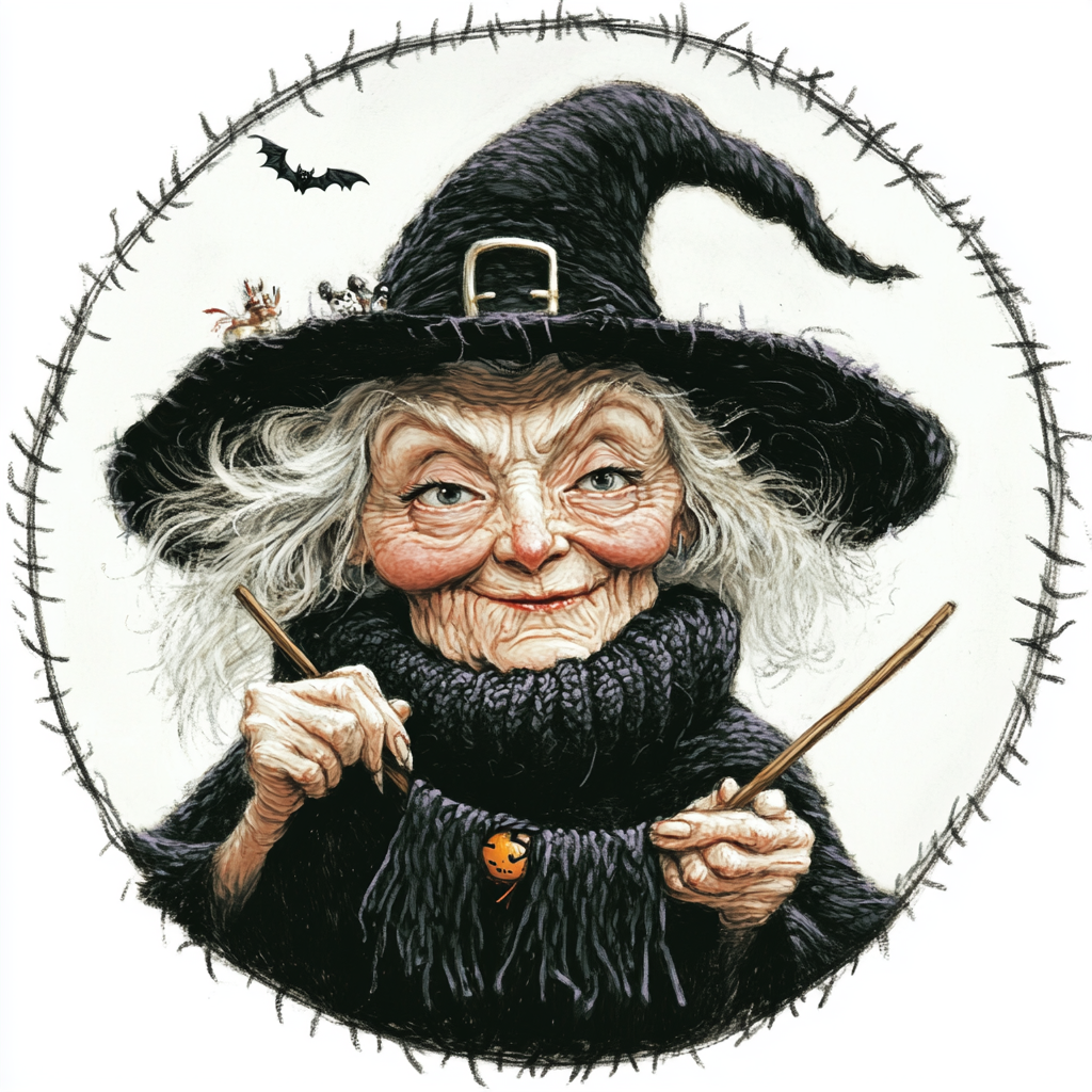 Four 55-year-old witches knitting black scarf. White hair