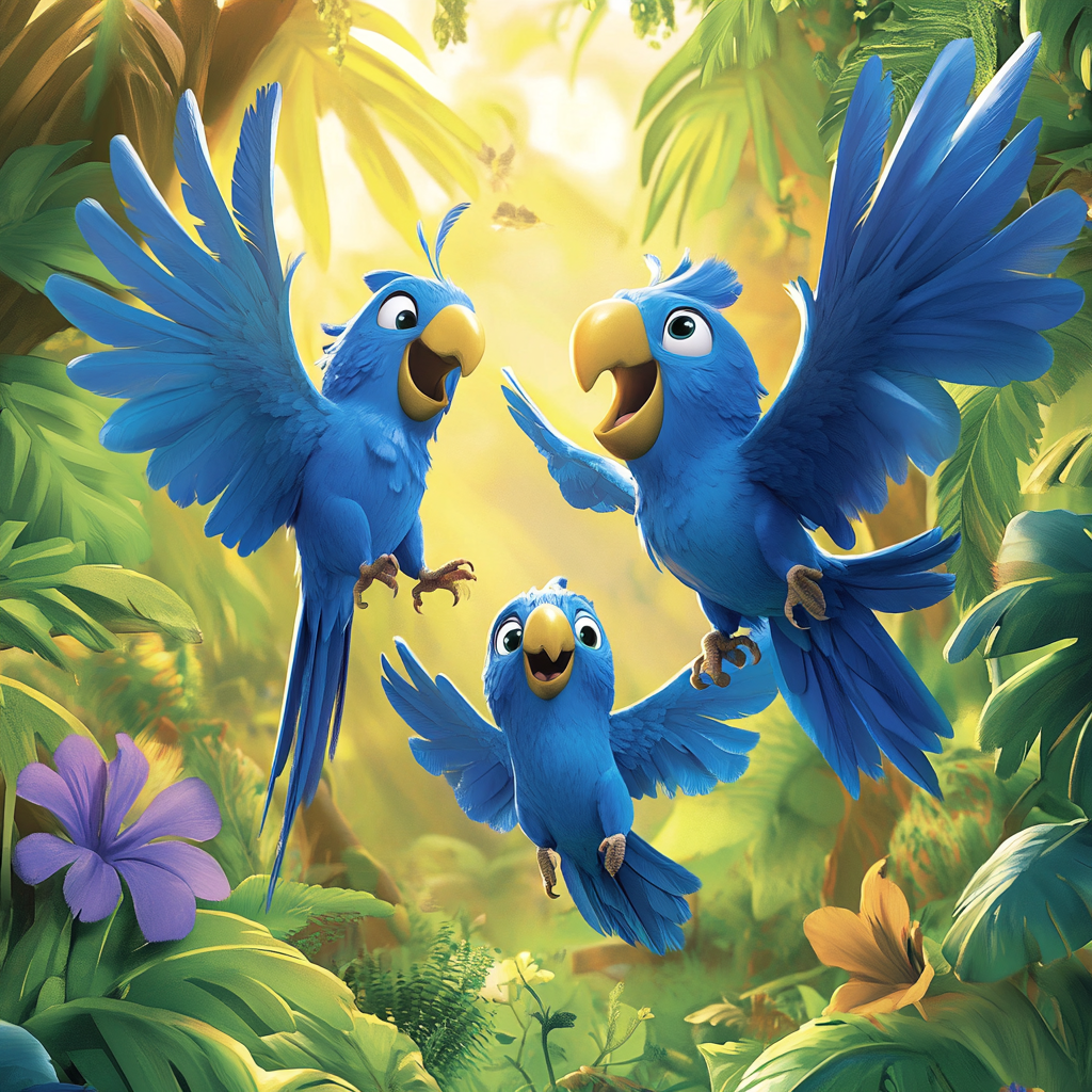 Four Blue Parrots in Tropical Dance Party