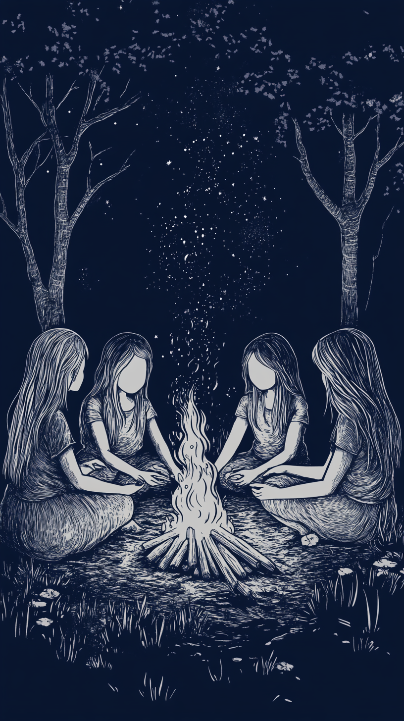 Four Girls Performing a Seance Around Campfire