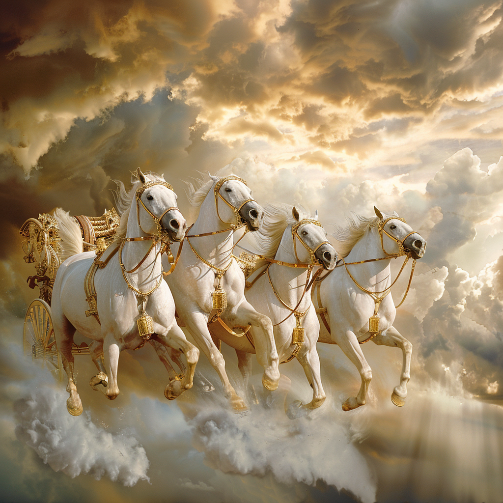 Four White Horses Pulling Golden Chariot through Storm