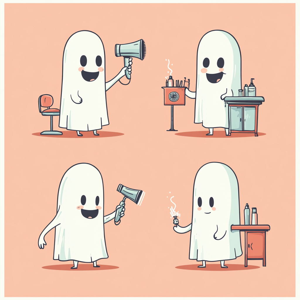 Four adorable ghost characters doing different jobs