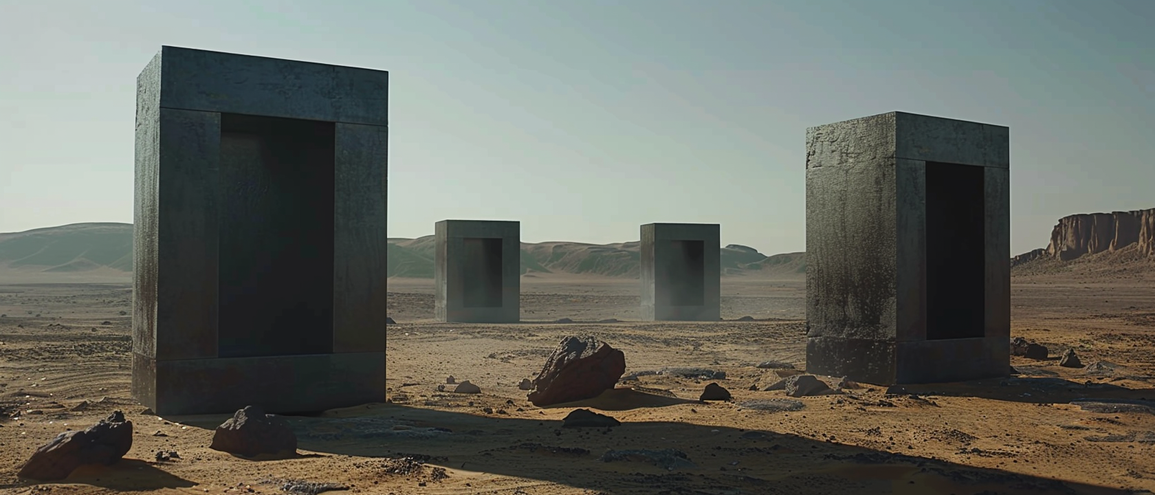 Four cement shapes in desert landscape with rocks