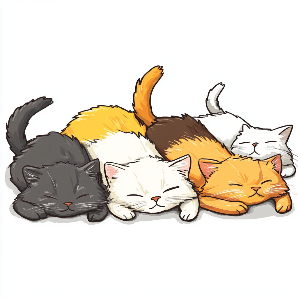 Four colorful cats sleeping with tails up.