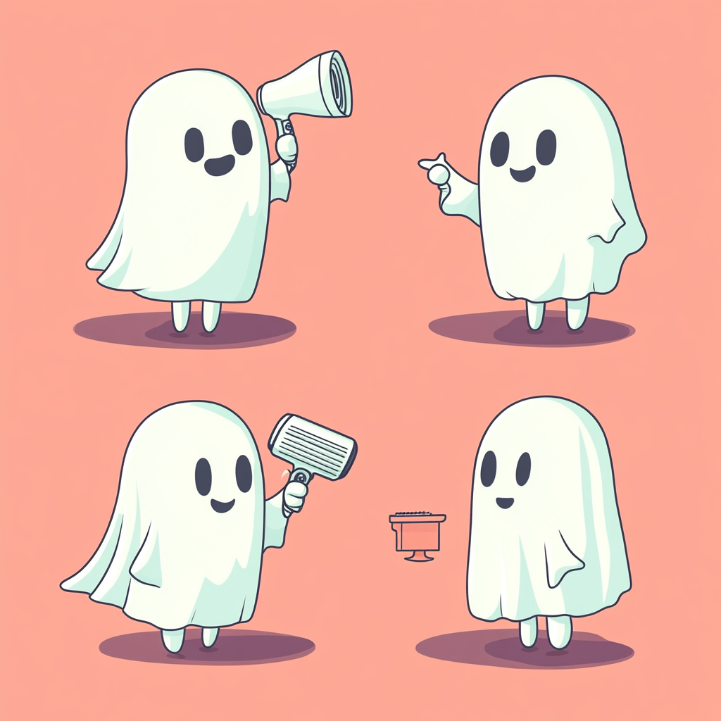 Four cute ghost hairstylists in various fun poses