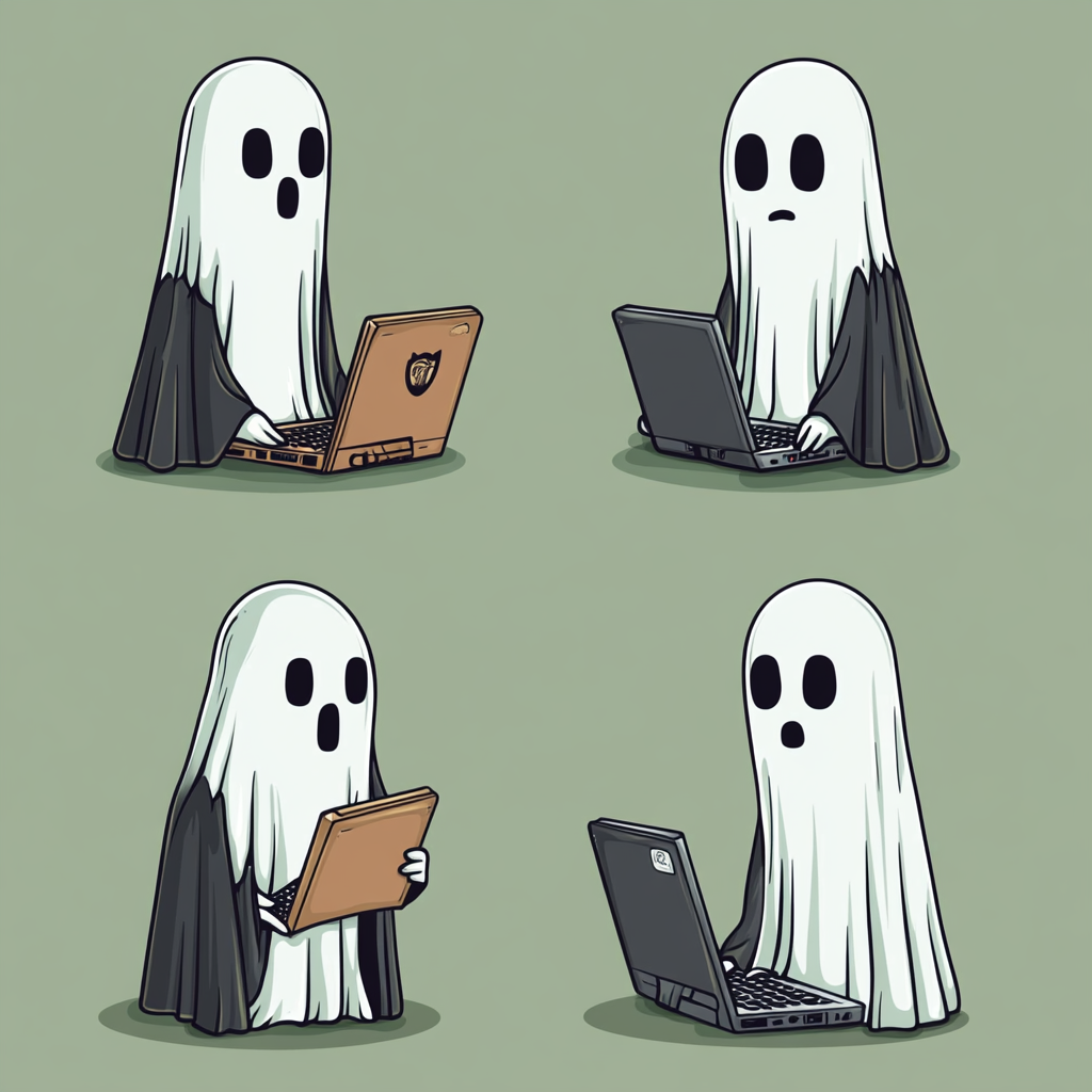 Four cute ghosts with laptop, in different poses