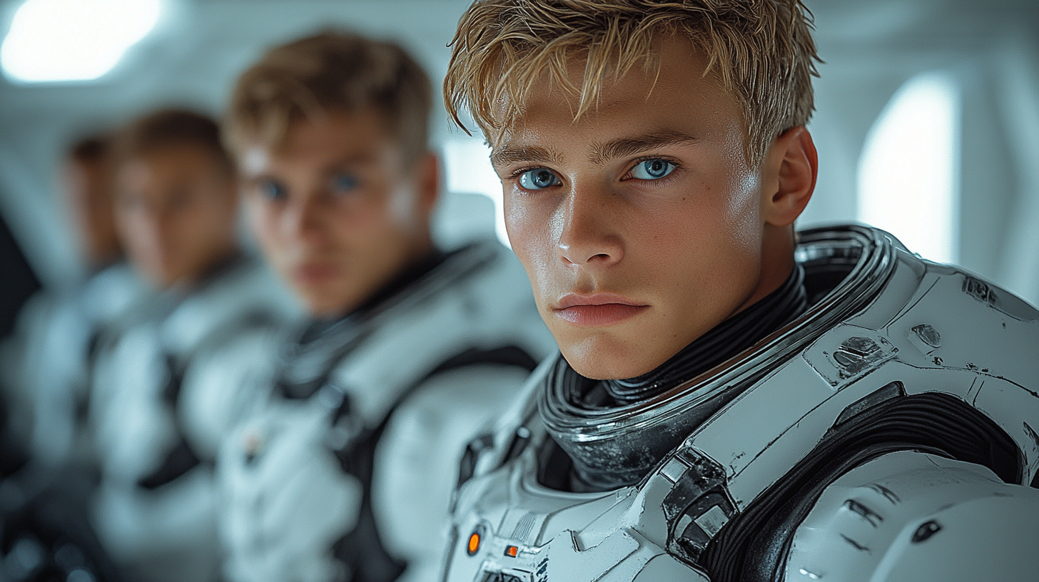 Four cyborgs in military uniform, holding machine guns.portrait.