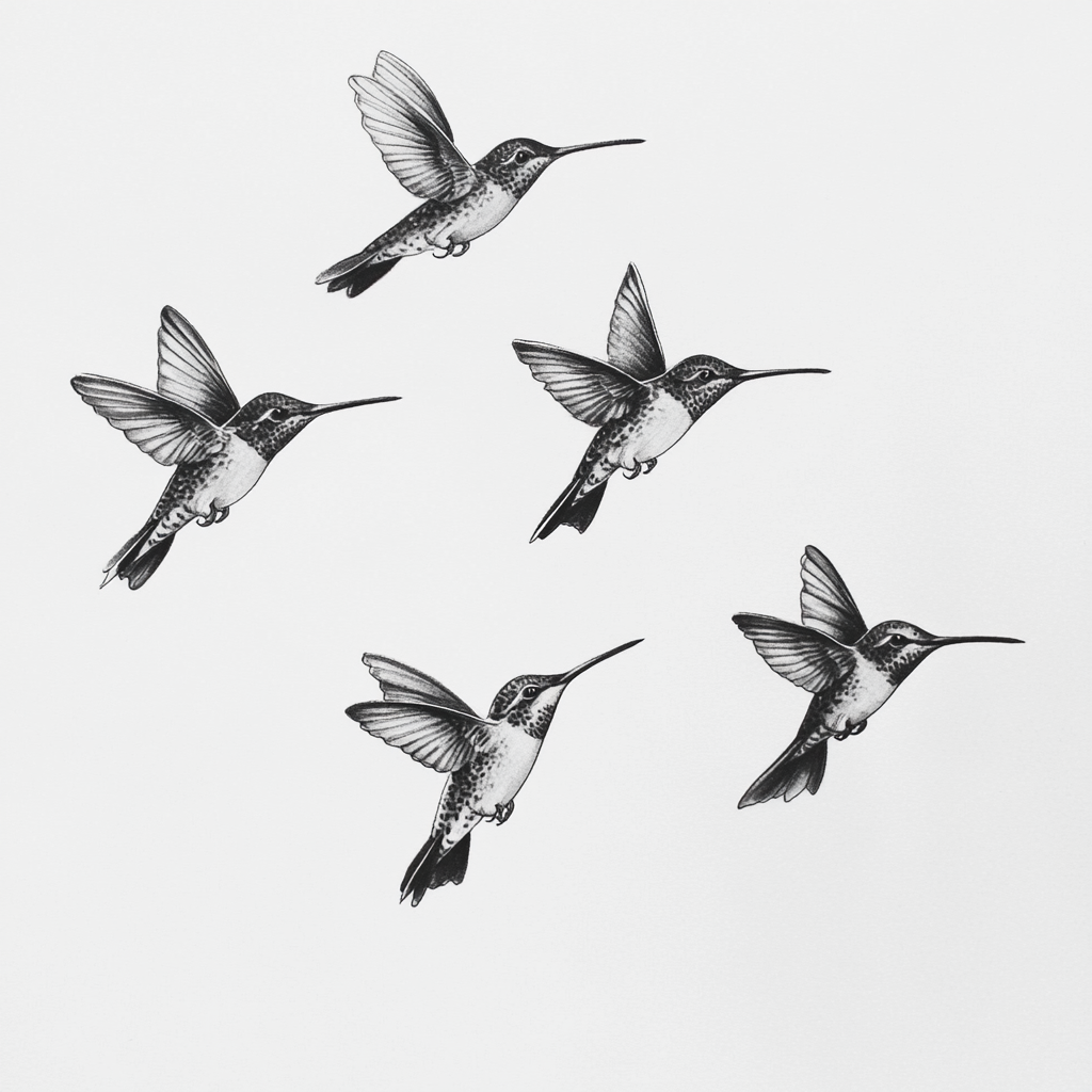 Four delicate hummingbirds in a row on shoulder.