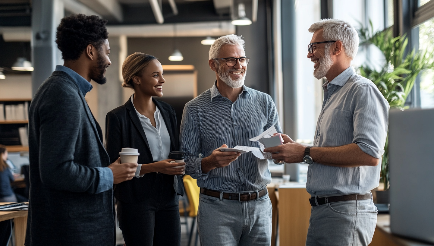 Four diverse professionals chatting in open office, smiling.