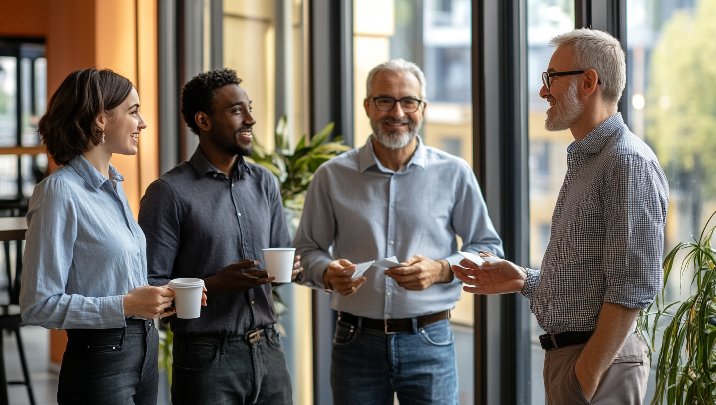 Four diverse professionals laughing and chatting in office.