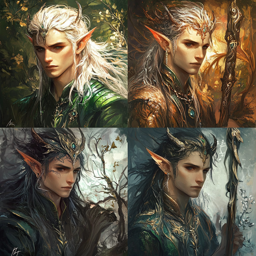 Four fantasy art images of male elf changing seasons.