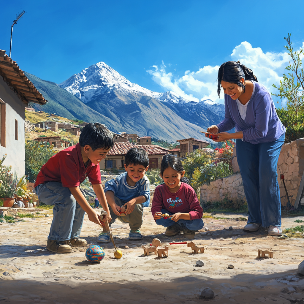 Four kids playing games, mom watching, Chilewea logo visible.