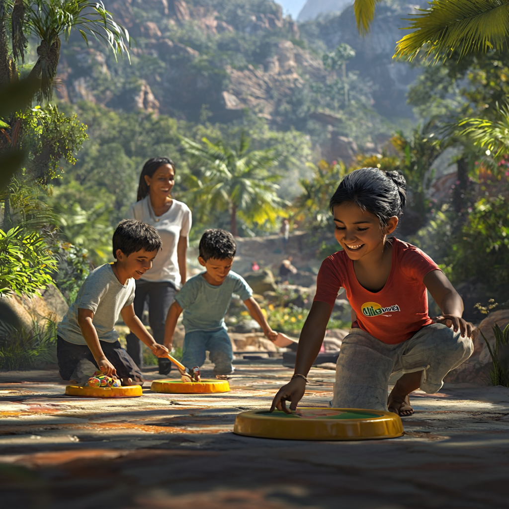 Four kids playing games with Chilewea logo, mom watching.