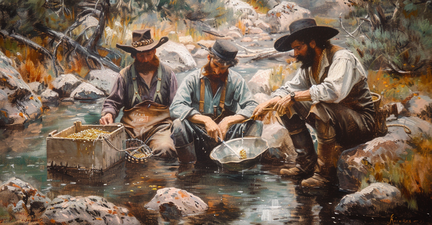 Four men gold panning, one sitting with blue shirt.