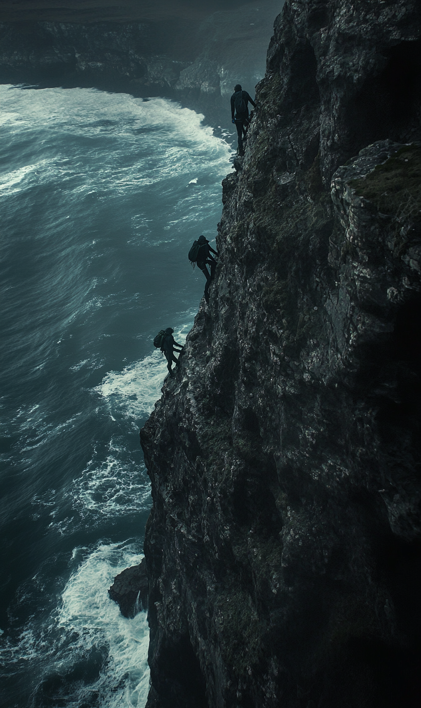 Four people climbing spooky British cliff, menacing sea.