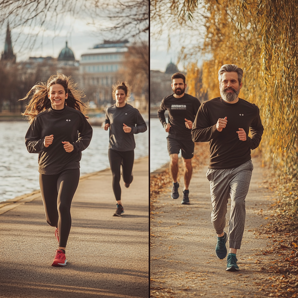 Four people jogging together at Stralau Island, Berlin.