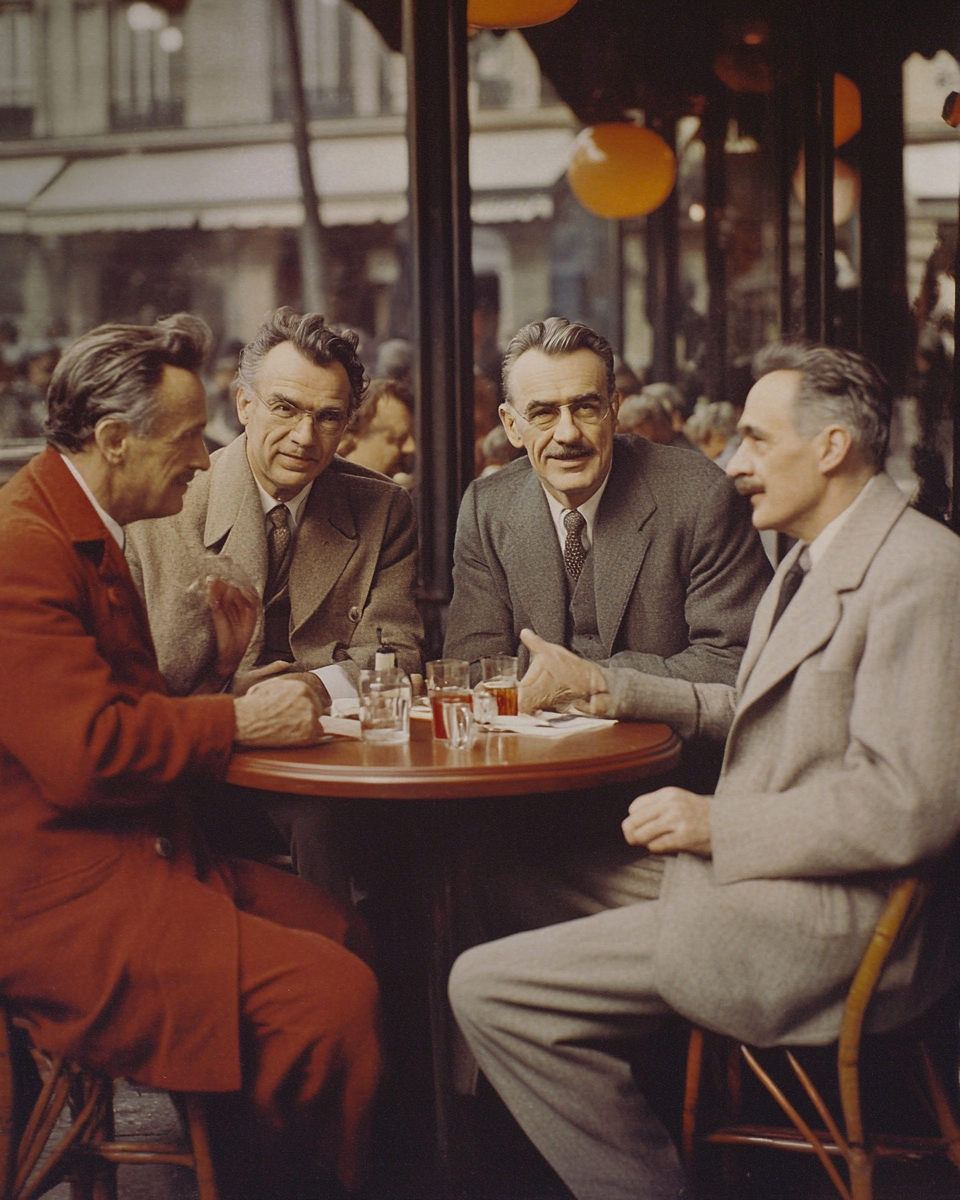 Four philosophers in 1950s Parisian café, discussing ideas.