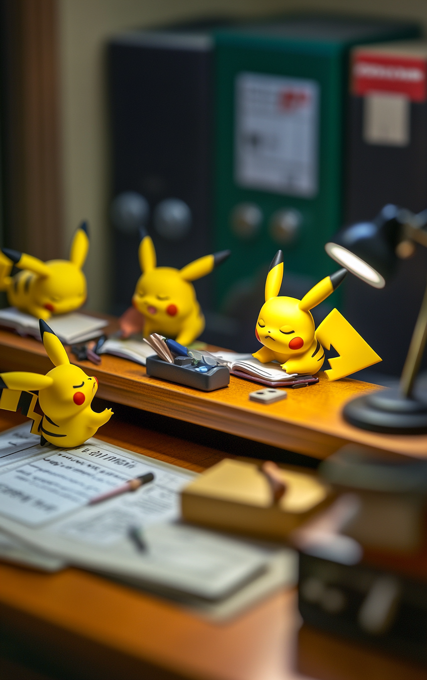 Four pikachus studying in a college classroom, one napping.