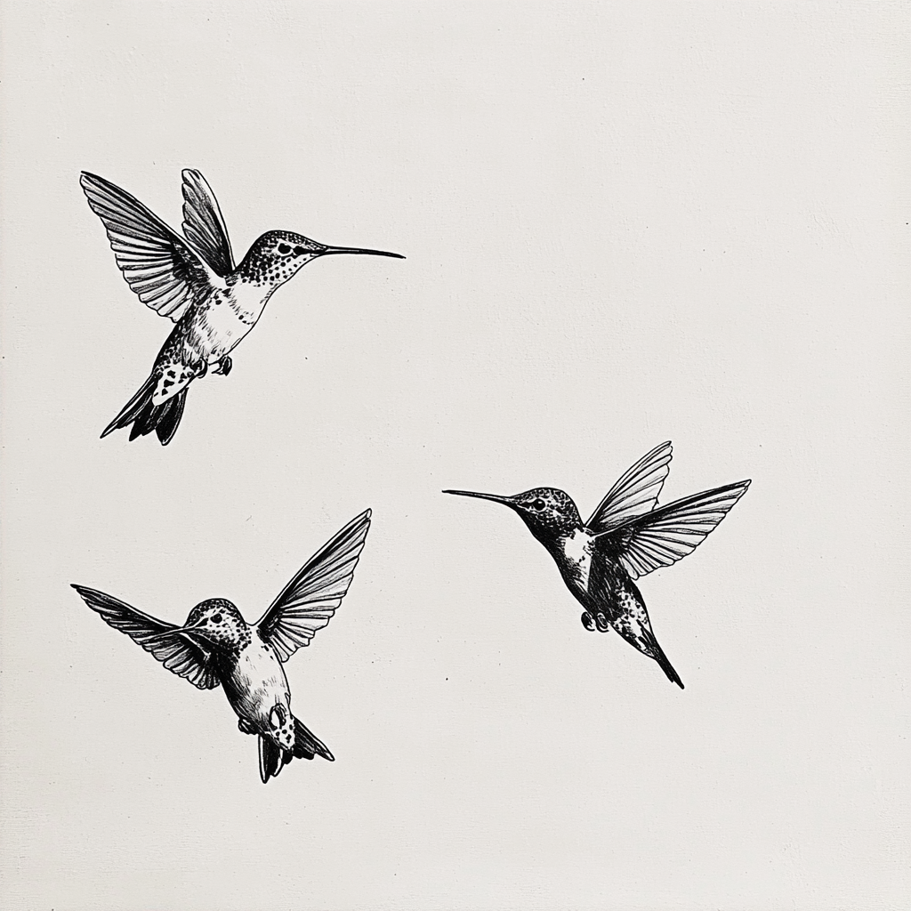 Four playful hummingbirds chasing each other in flight