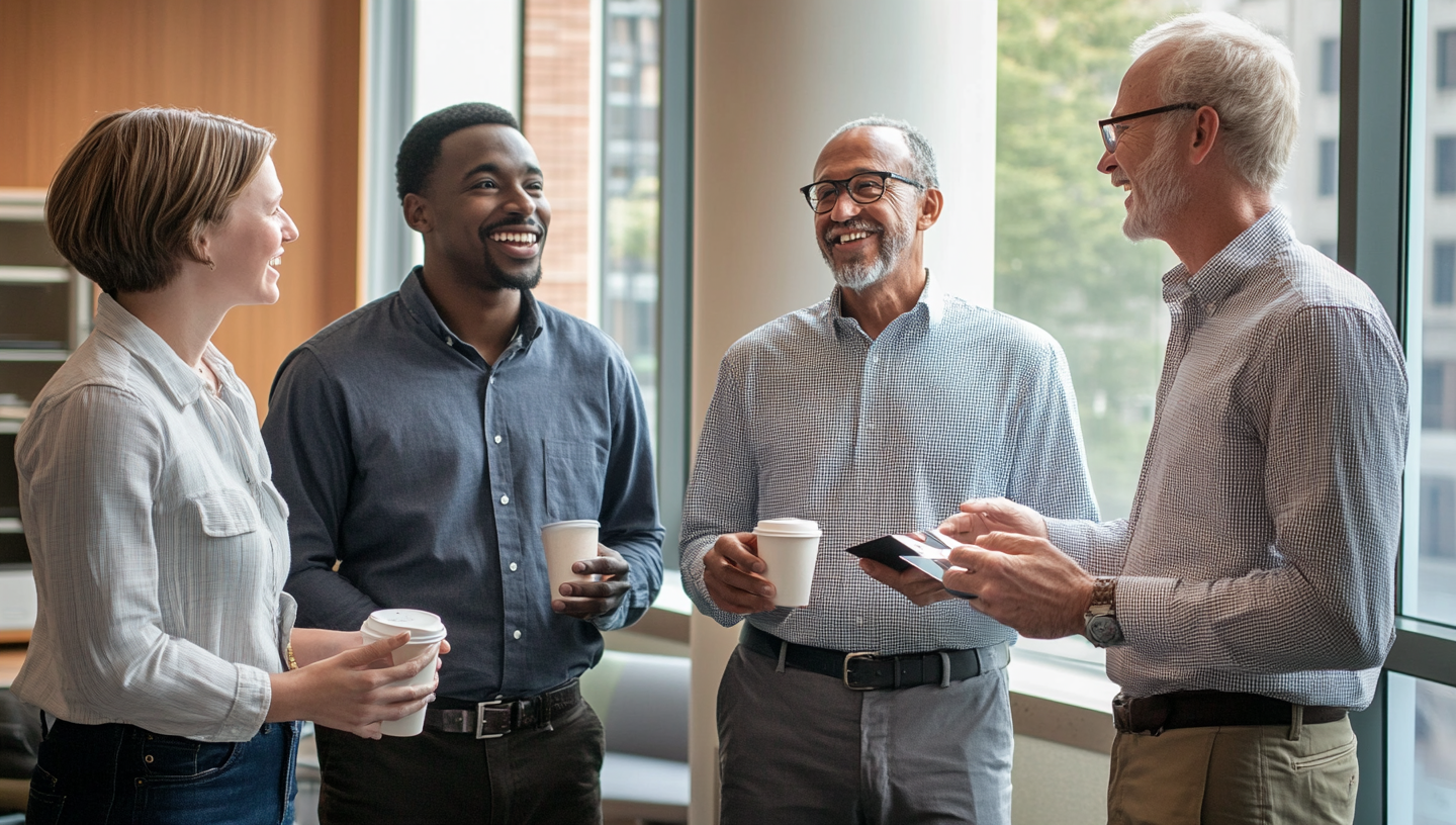 Four professionals in open office, smiling, talking, coffee.