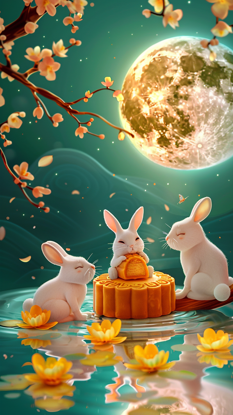 Four rabbits eating mooncake near osmanthus tree, calm water.