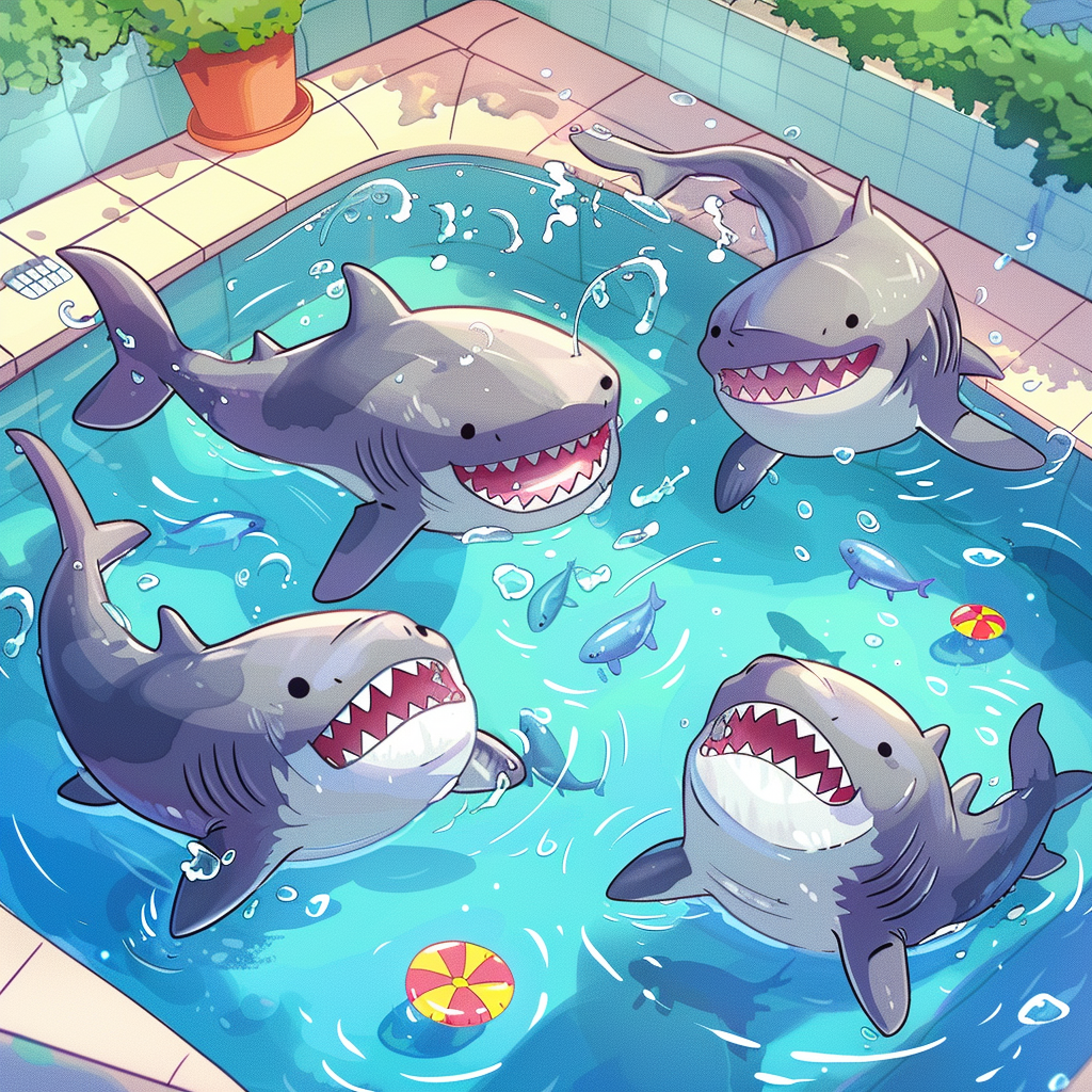 Four sharks playing happily in a pool.