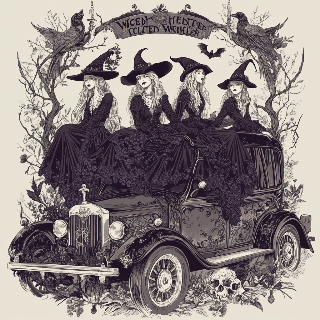 Four witches atop a decorated hearse on 'Wicked Wednesday'