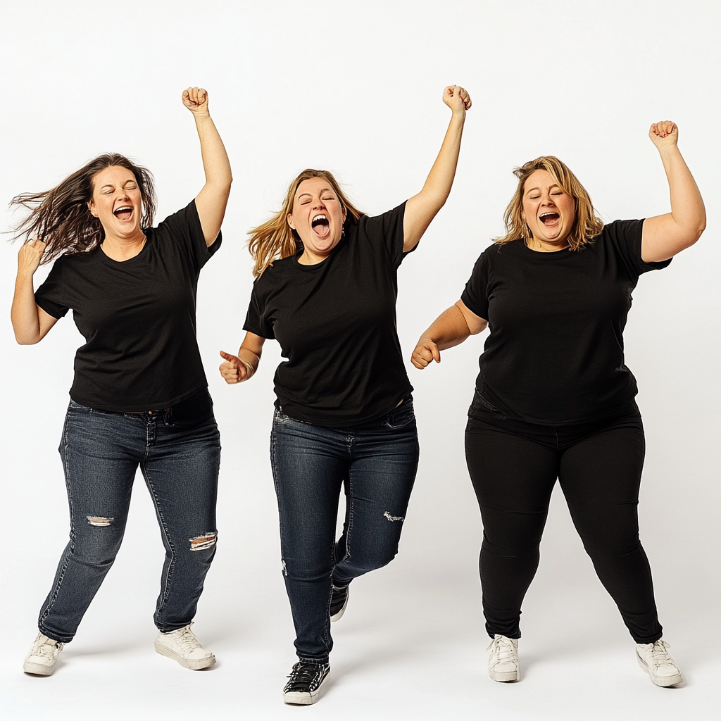 Four women dancing in funny full-monty style line.