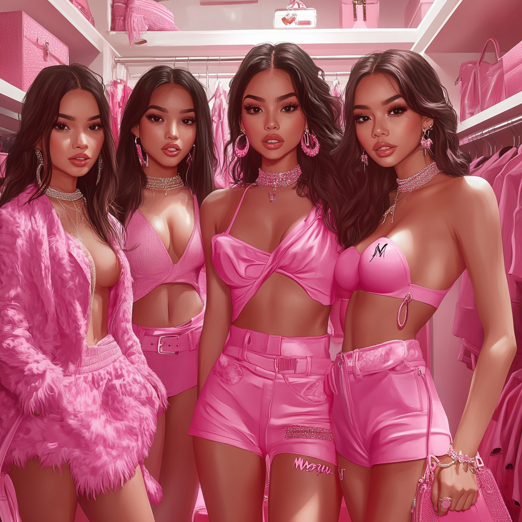 Four young Latina women in Fashion Nova pink outfits.