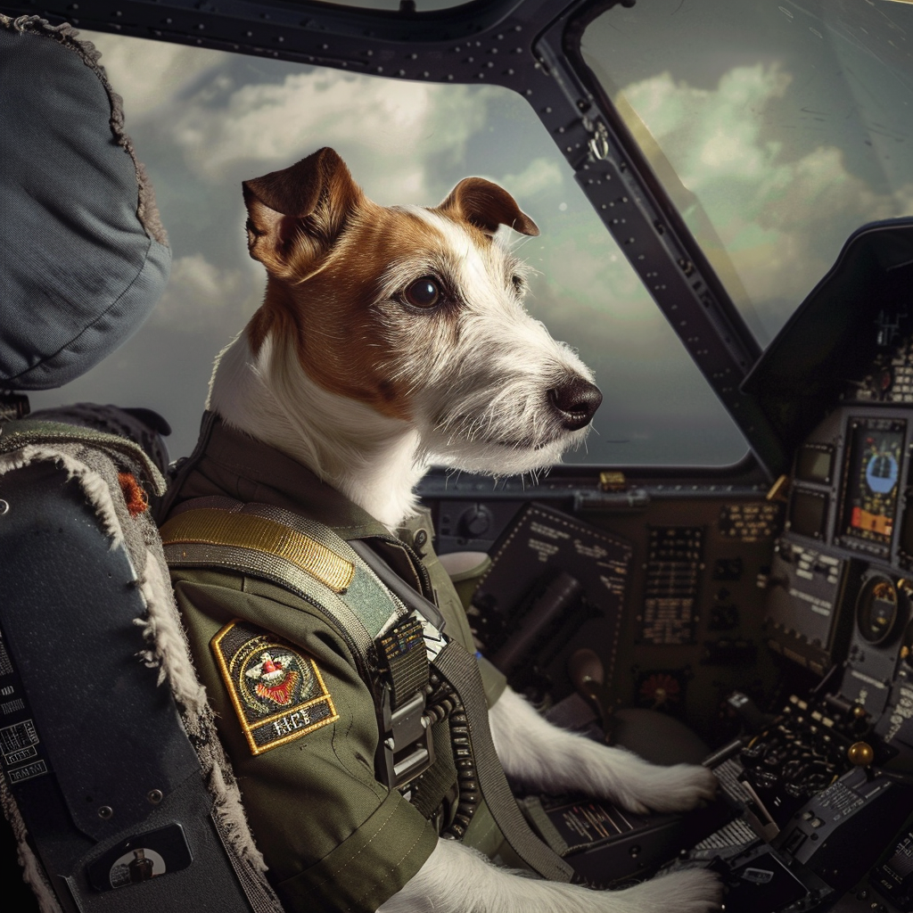 Fox Terrier dog joining U.S. Air Force, in cockpit.