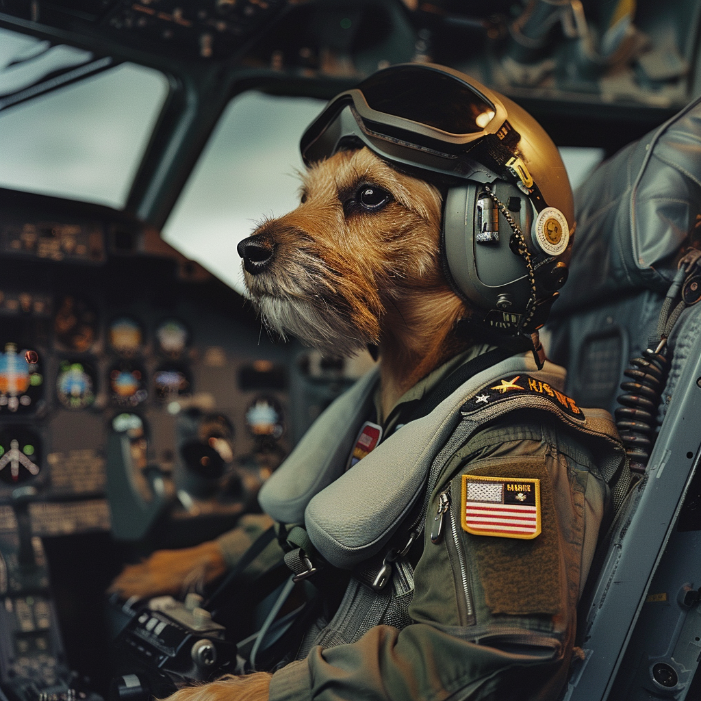 Fox Terrier puppy in Air Force pilot uniform in cockpit.