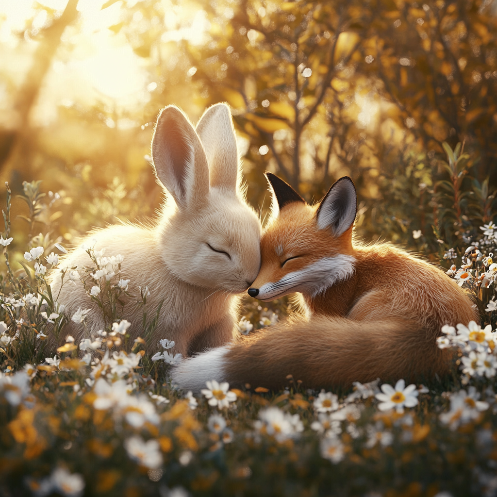 Fox and Rabbit: Peaceful Meadow Friendship