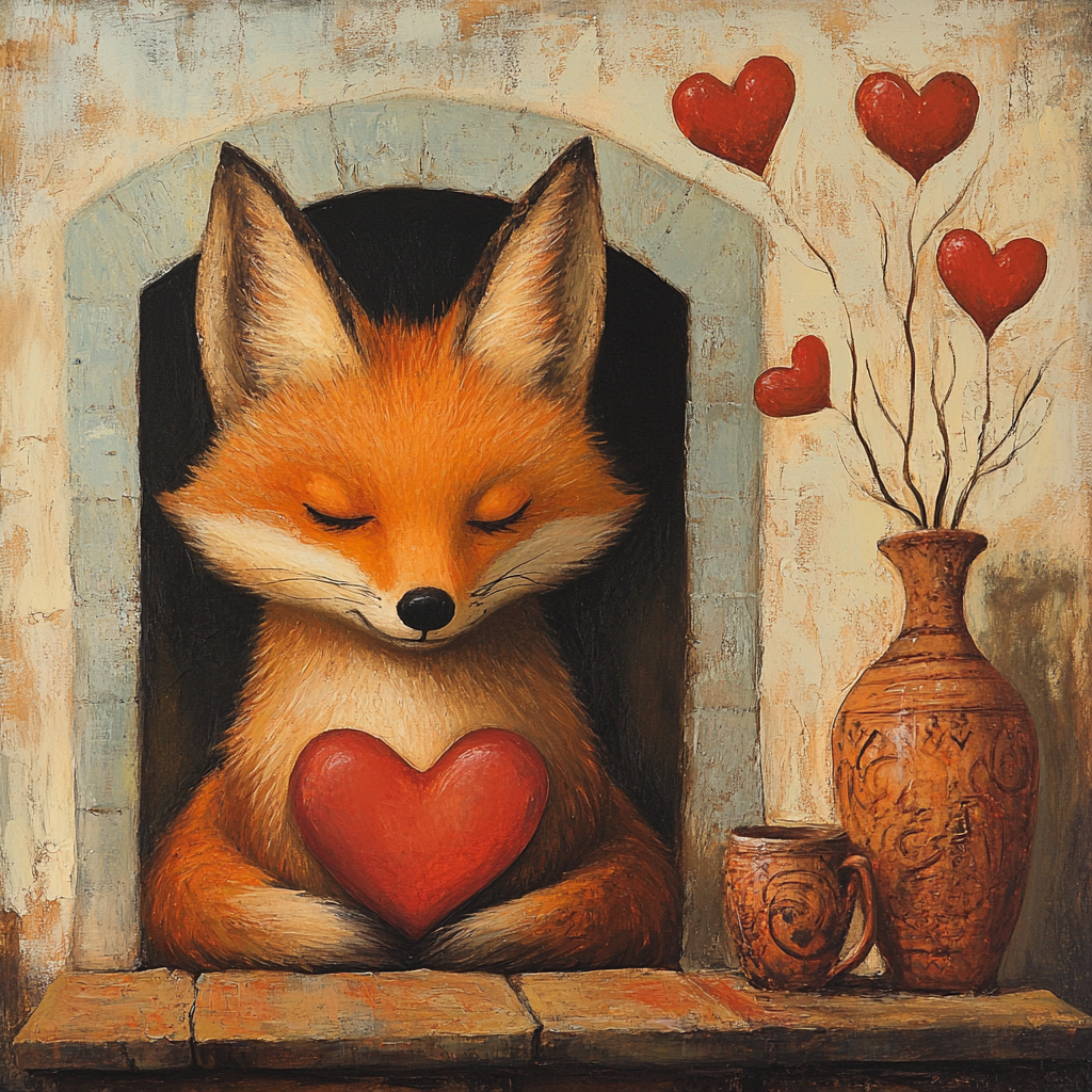 Fox dreams by fireplace, surrounded by heart symbols. Vacation souvenirs and pink peonies on mantelpiece.