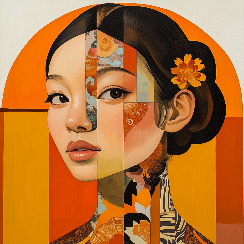 Fragmented Asian Woman: Bold Geometric Cubist Portrait