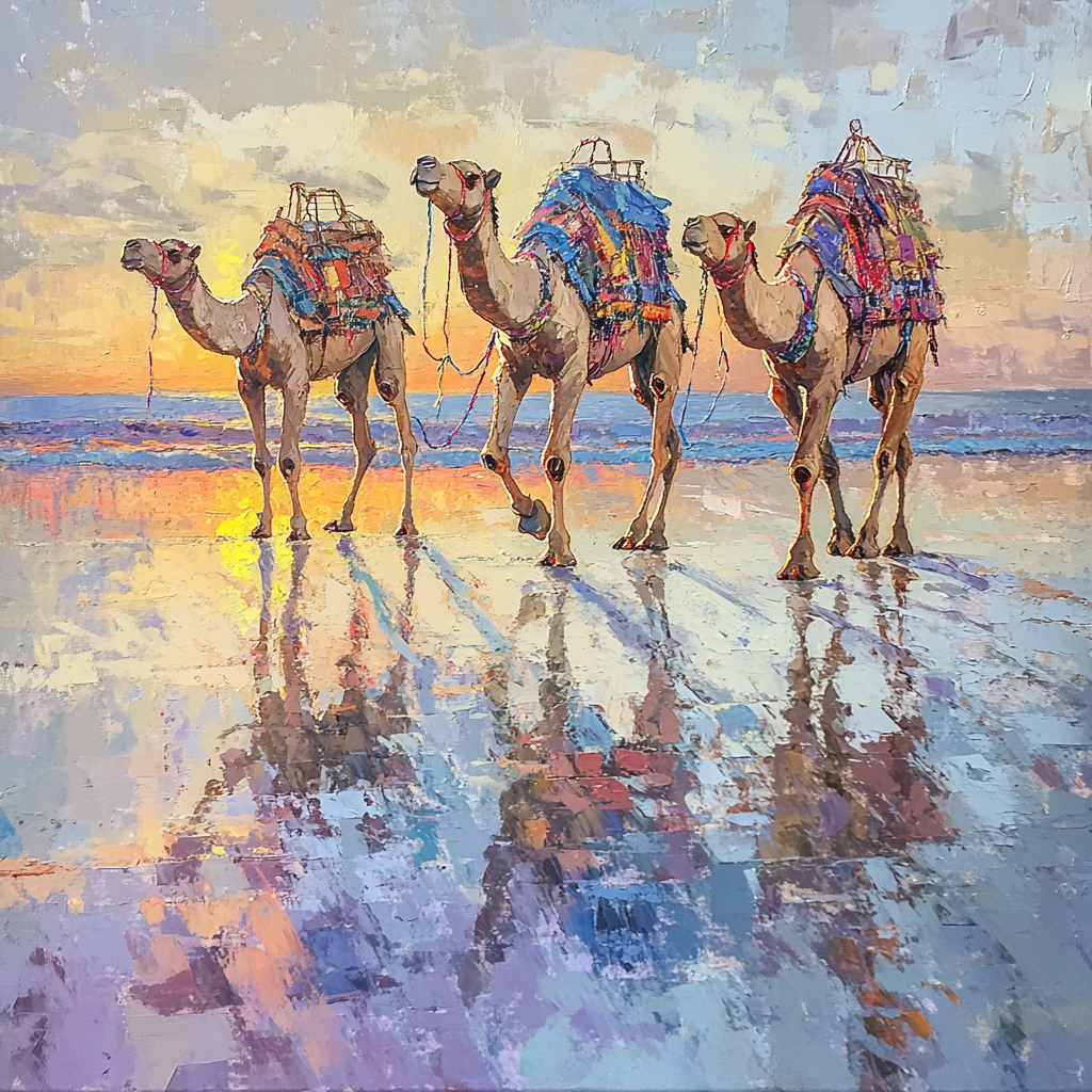 Fragmented camels walking in a row on beach.