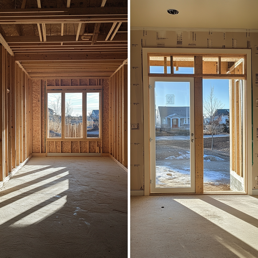 Frame construction site, complete walls with windows and doors.