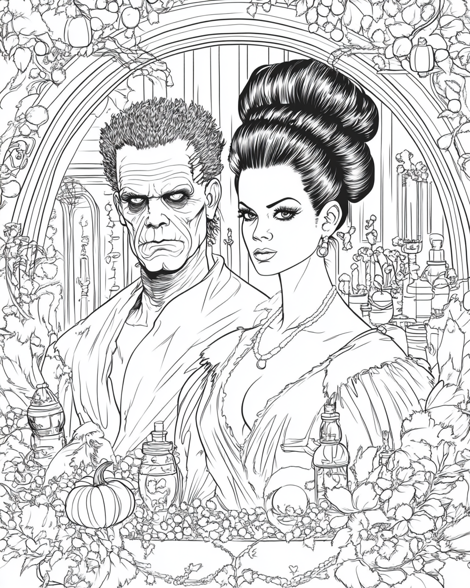 Frankenstein's creature and Bride in comic book color page.