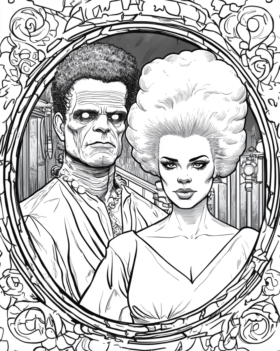 Frankenstein and Bride in classic comic book style.