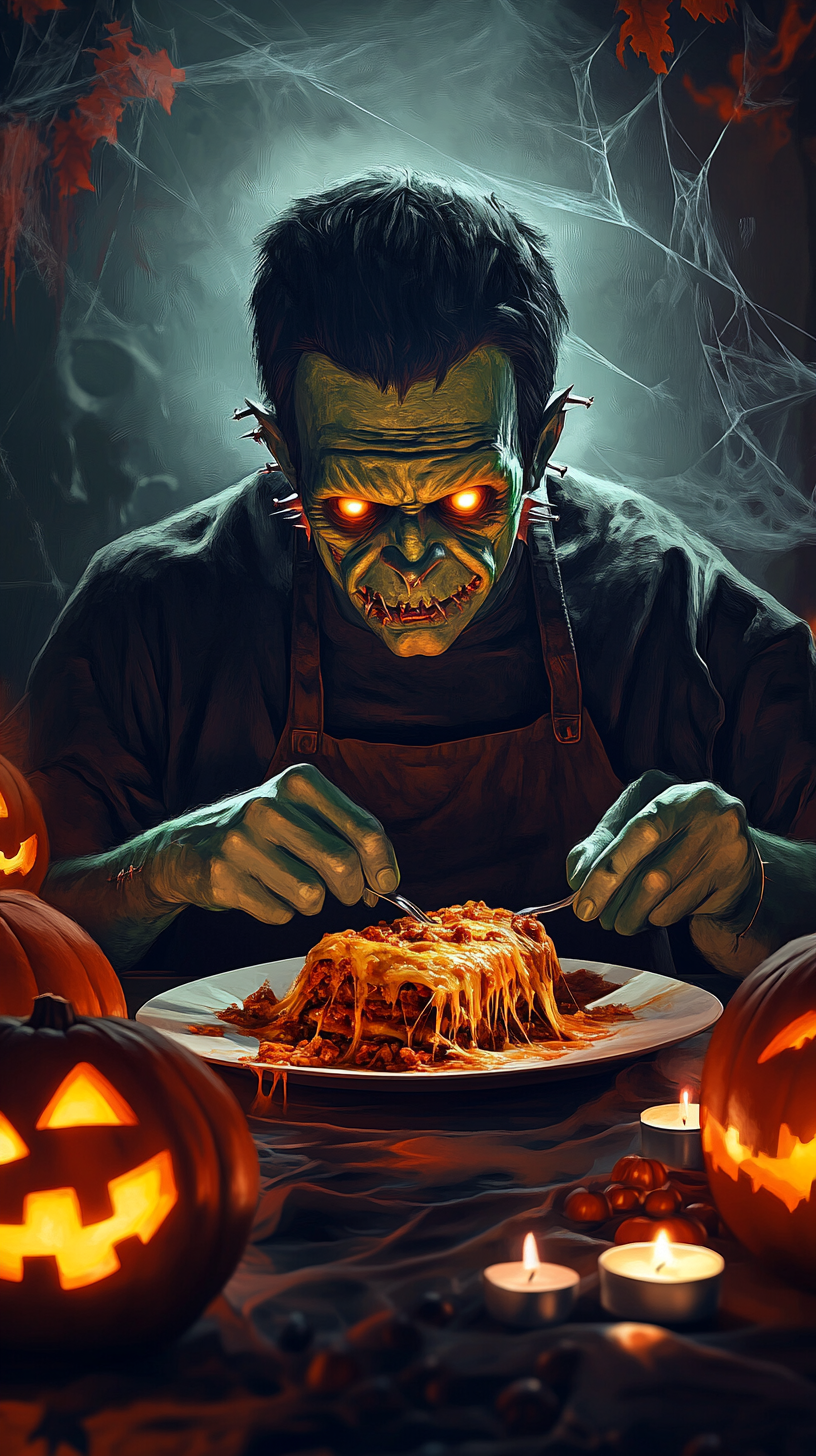 Frankenstein eating lasagna amidst Halloween decorations